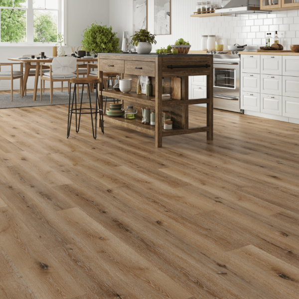 Wide room view of Surrey LVT Grey Honey Oak flooring with straight plank design and micro-beveled edges