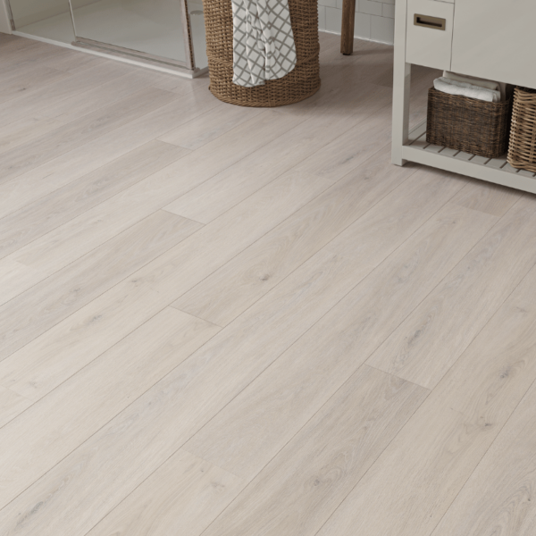 Close-up view of Surrey LVT Light Grey Oak plank with realistic wood grain texture and micro-beveled edges