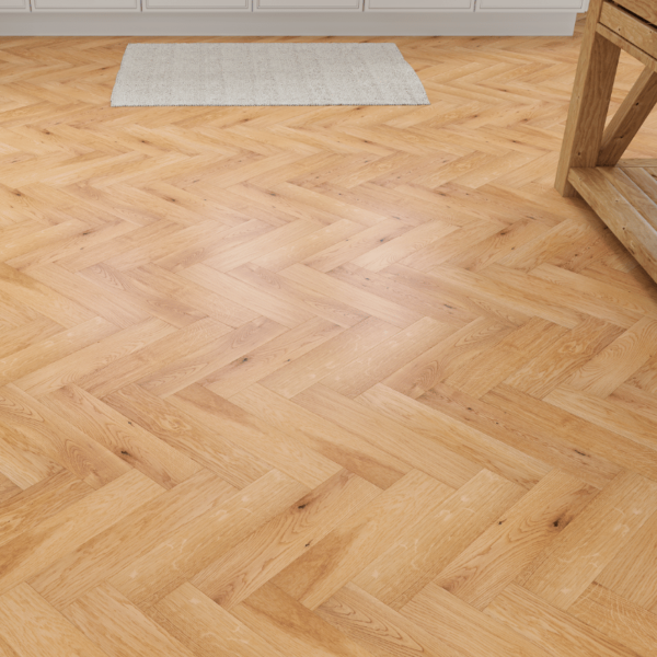 Wentworth herringbone oak flooring with natural UV oil finish, rustic-grade oak planks with bevelled edges