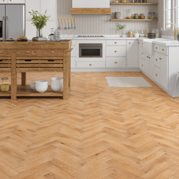 Natural brushed herringbone oak flooring with bevelled edges - Wentworth Engineered Oak