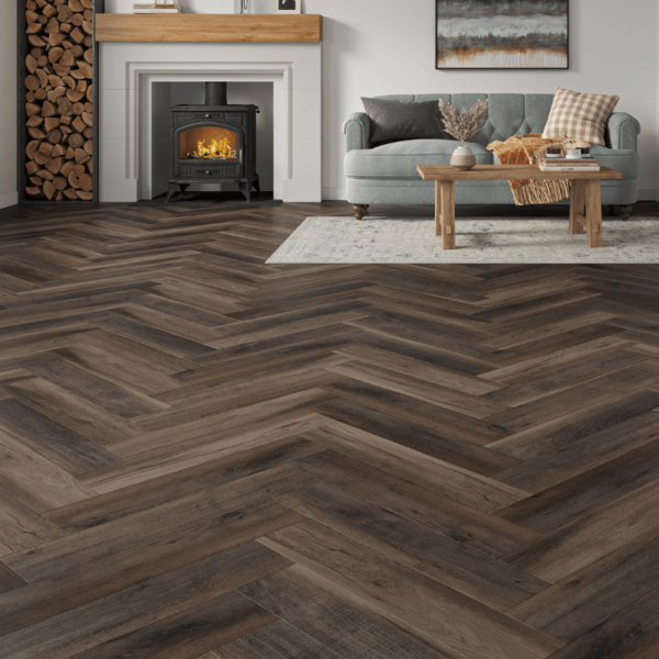 Wide room view of Wiltshire LVT Brown Black Oak flooring with herringbone design and micro-bevelled edges