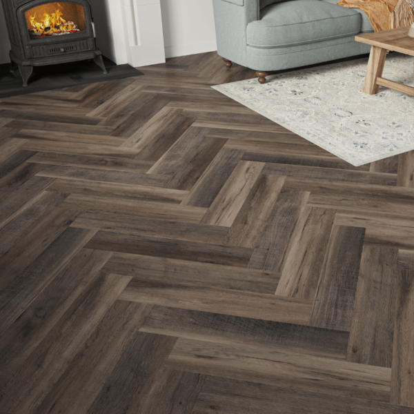 Close-up view of Wiltshire LVT Brown Black Oak plank with dark wood grain texture and micro-bevelled edges