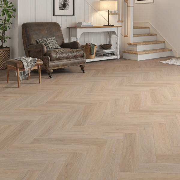 Wide room view of Wiltshire LVT Brown Oak flooring with herringbone design and micro-beveled edgesWide room view of Wiltshire LVT Brown Oak flooring with herringbone design and micro-bevelled edges