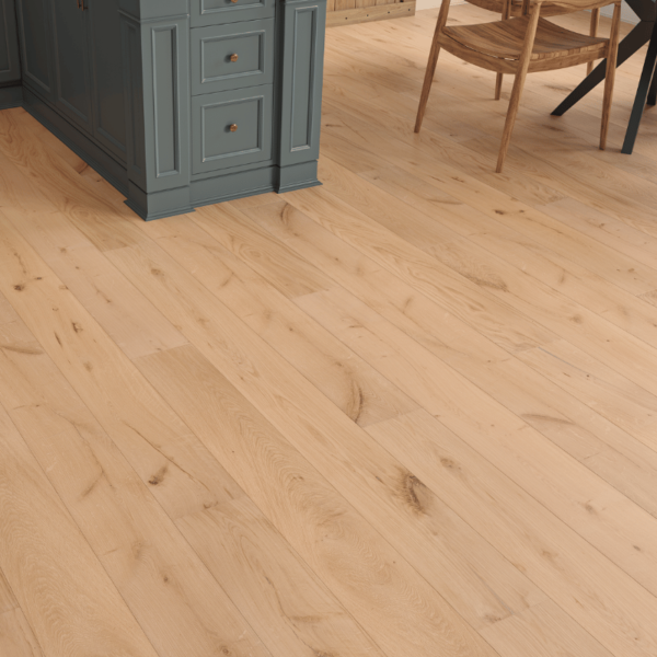 Windsor straight plank oak flooring with smooth unfinished surface, rustic-grade oak planks with bevelled edges