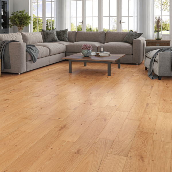 Natural brushed straight plank oak flooring with bevelled edges - Woburn Engineered Oak
