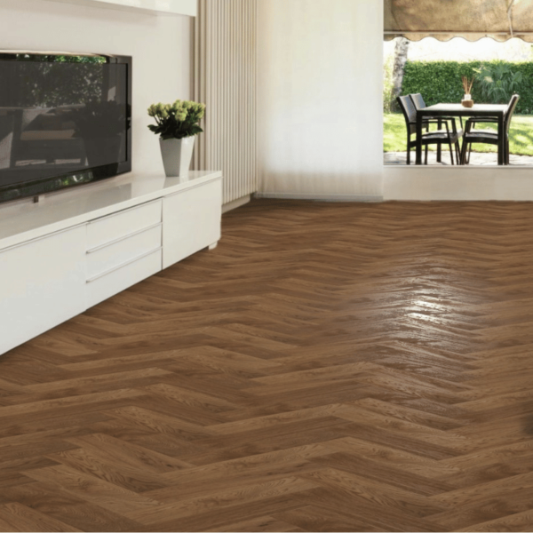 Wide room view of Ashbourne Herringbone Engineered Oak Flooring in Brushed Smoked Oiled, showcasing rich smoked tones and a timeless herringbone pattern in a luxurious interior