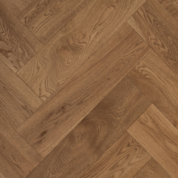 Top-down view of Ashbourne Herringbone Engineered Oak Flooring in Brushed Smoked Oiled, featuring a seamless herringbone pattern and rich smoked finish