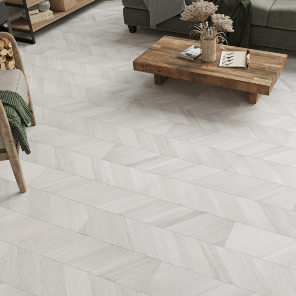 Close-up view of Madrid Chevron Laminate White Oak plank with realistic wood grain and bevelled edges