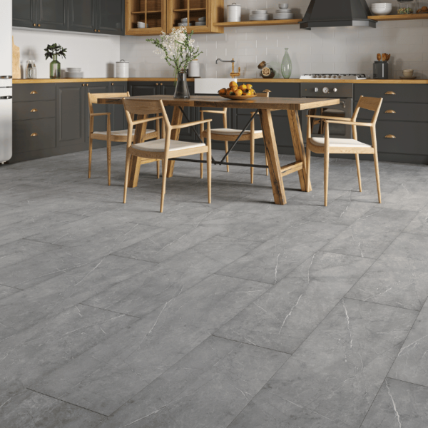 Wide room view of Valencia Tile Laminate Dark Grey Stone flooring with tile design and bevelled edges