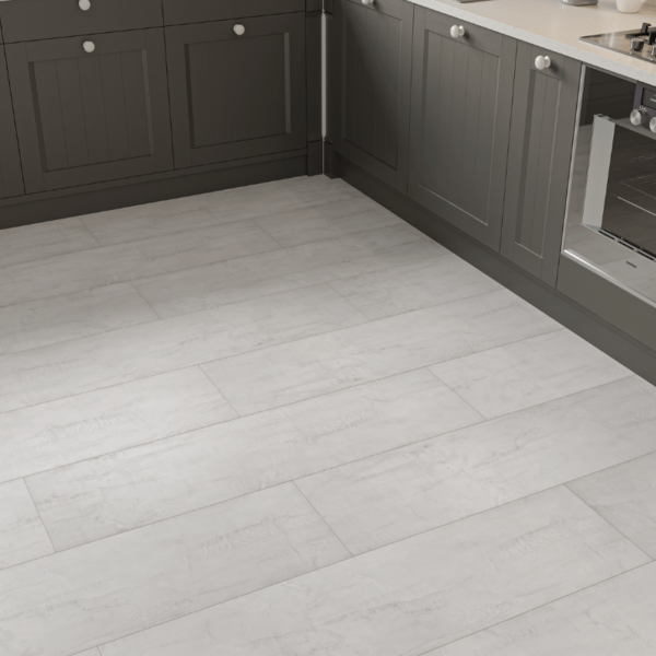 Close-up view of Valencia Tile Laminate Light Grey Stone plank with realistic stone texture and bevelled edges