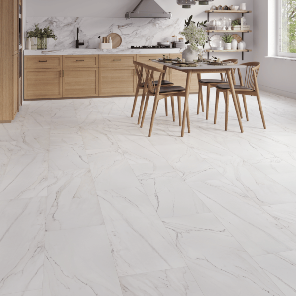 Wide room view of Valencia Tile Laminate White Marbled Stone flooring with a luxurious marble effect and bevelled edgesWide room view of Valencia Tile Laminate White Marbled Stone flooring with a luxurious marble effect and bevelled edges