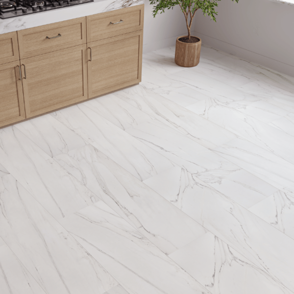 Close-up view of Valencia Tile Laminate White Marbled Stone plank with a marble texture and bevelled edgesClose-up view of Valencia Tile Laminate White Marbled Stone plank with a marble texture and bevelled edges