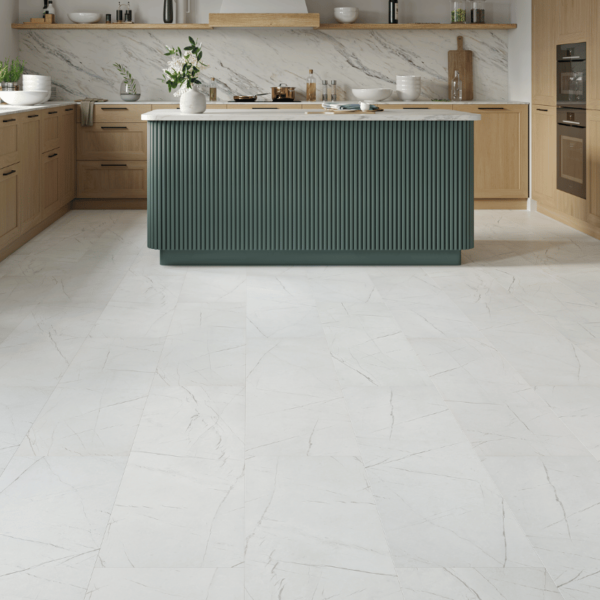 Wide room view of Valencia Tile Laminate White Stone flooring with clean white tones and bevelled edges