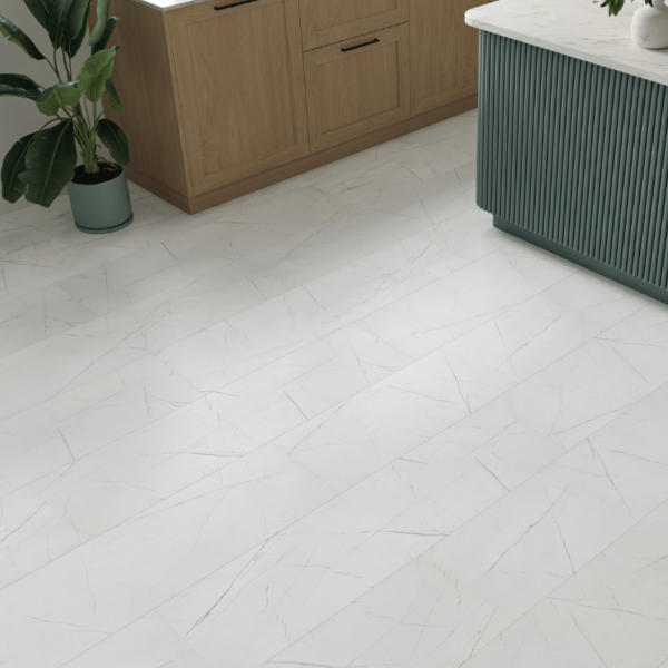 Close-up view of Valencia Tile Laminate White Stone plank with realistic stone texture and bevelled edges