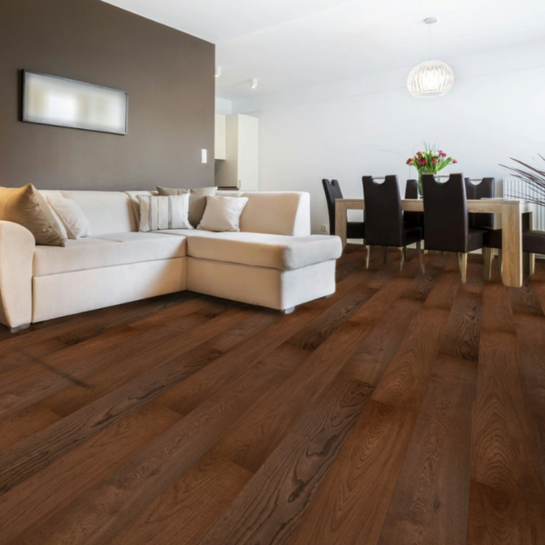 Wide room view of Winchcombe Engineered Oak Flooring in Walnut Brushed UV Oiled, featuring rich walnut tones and a warm, sophisticated atmosphere