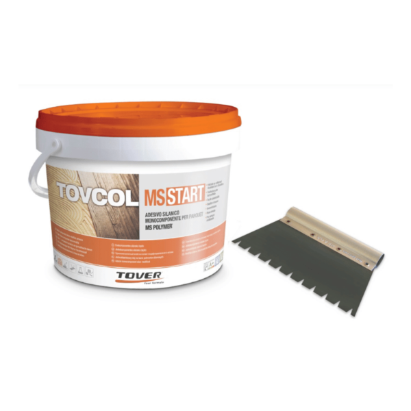 Tovcol MS UFH Wood Flooring Adhesive tub with included free trowel, perfect for wood flooring and underfloor heating installations