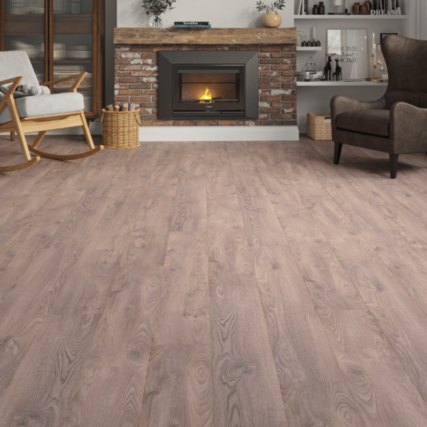 Stylish living space featuring Heritage Deluxe Laminate Medium Oak 12mm flooring with a rich, natural woodgrain finish.